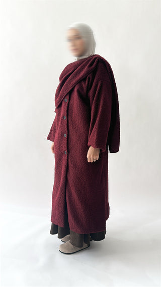 Boucle coat with integrated scarf